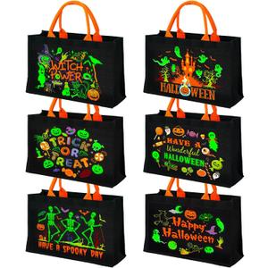 Paterr 6 Pcs Halloween Trick or Treat Bags Glow in The Dark Halloween Tote Bag 14.6'' Canvas Reusable Candy Bags for Trick or Treating, Party Favors