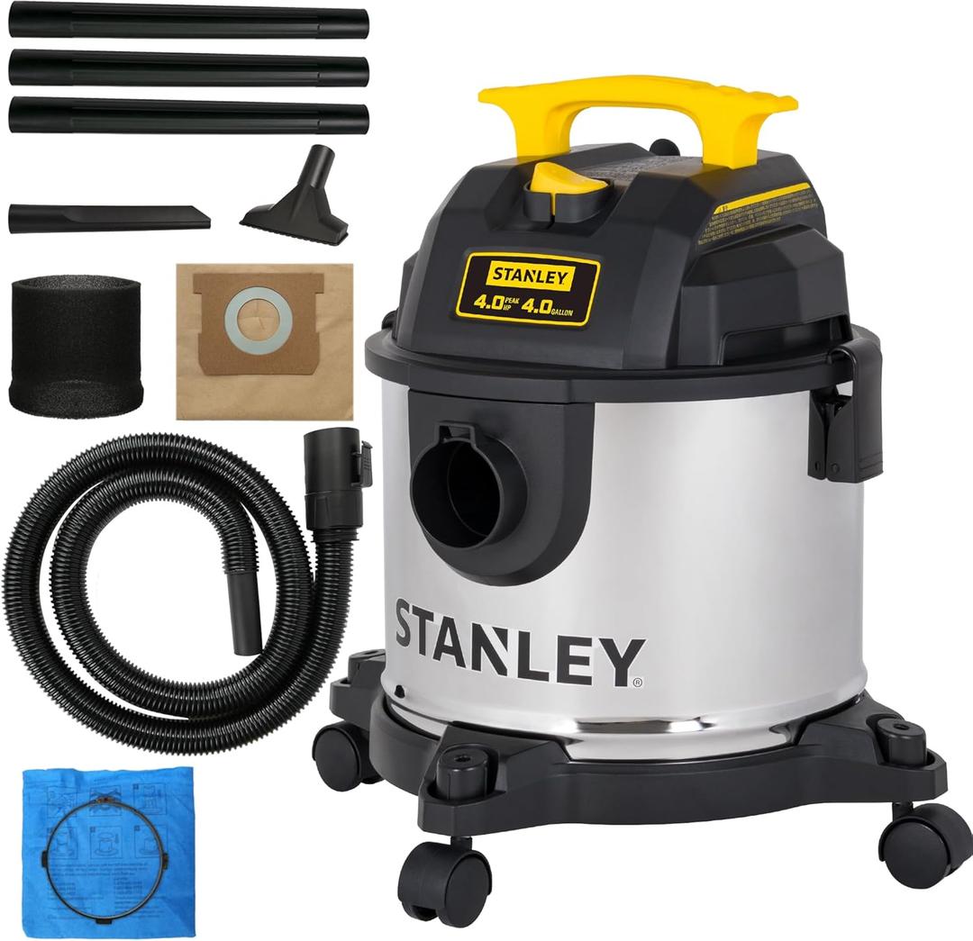 STANLEY 4 Gallon Wet Dry Vacuum, 4 Peak HP Stainless Steel 3 in 1 Shop Vacuum Blower with Powerful Suction, Vacuum for Job Site, Garage, Basement, Workshop, Top Handle, Portable Wet Dry Vac SL18301-4B