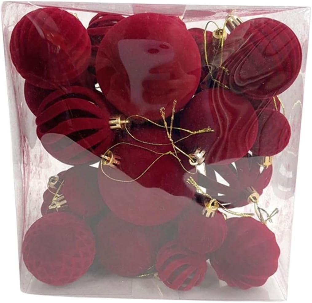 Burgundy Flocked Christmas Tree Ornament Set 36pcs Velvet Christmas Ball Ornaments Set Shatterproof Plastic Balls Assorted Sizes Baubles or Holiday Party Home Decor (A, 8CM)