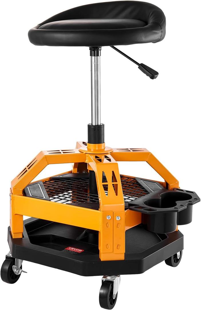 VEVOR Mechanic Stool Dual Storage Trays Rolling Stool and Garage Stool with Adjustable Height 23.629.5 in,Soft Waterproof Cushion 360 Swivel Casters 330 LBS Capacity Heavy Duty