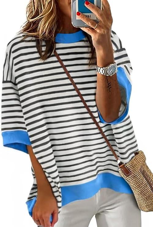 JEKAOYI Womens Tops Casual Oversized Striped Short Sleeve T Shirts Crewneck Pullover Loose Blouse (Small)