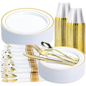175 PCS White and Gold Plastic Dinnerware Set for 25 Guests | Disposable Party Plate, White Plastic Plates, Include 50 Plastic Plates, 25 Pre Rolled Napkins with Gold Silverware, 25 Cups