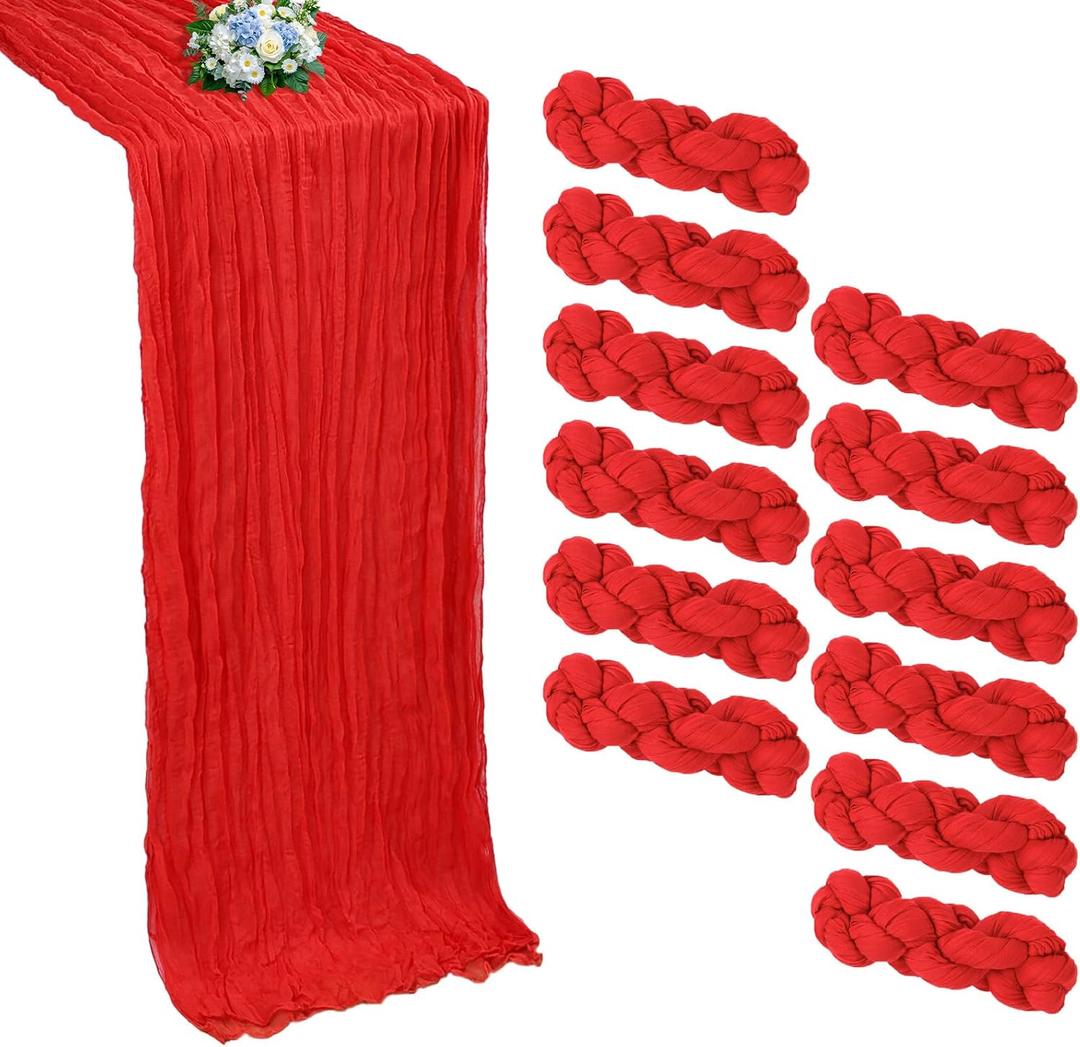 12 Pack Red Table Runner Cheesecloth 10FT Boho Cheese Cloths Gauze Fabric Table Runner 120 Inch Rustic Sheer for Easter Spring Wedding Birthday Party Baby Shower Holiday Home