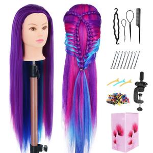 Mannequin Head with Hair, 29" Cosmetology Training Doll Head for Hair Styling Practice with Clamp Holder (Purple Four Colors)