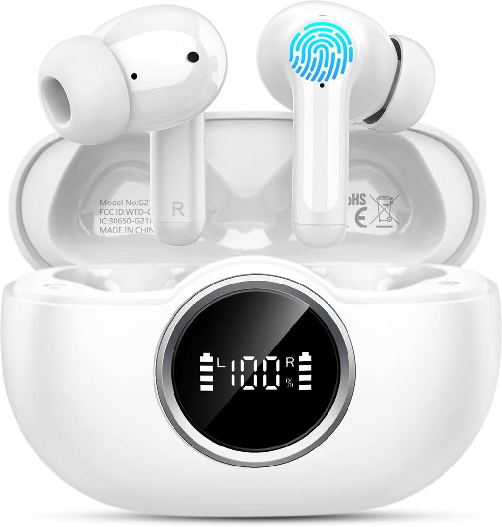 Wireless Earbuds, 2025 Bluetooth 5.4 Headphone 3D Bass Hi-Fi Stereo Ear Buds, 4 ENC Noise Cancelling Mic, 40H 3g USB-C in-Ear Earphone, IP7 Waterproof Workout Sport for Laptop Pad Android iOS, White