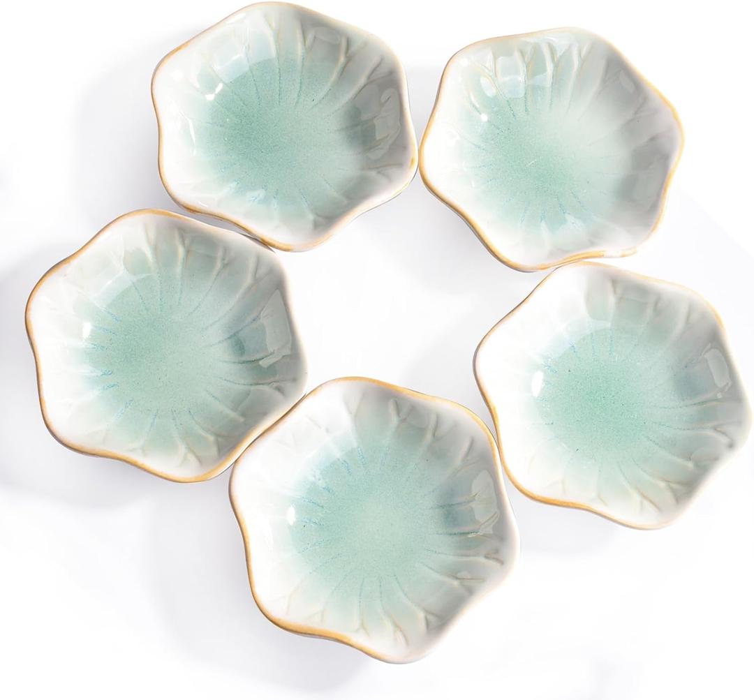 Ceramic Side Dish Bowls, Mint Green Floral Design, 4 inch, Set of 5