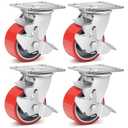 Nefish 4 Inch Industrial Casters Set of 4, Heavy Duty Casters with Brake 3200 Lbs, No Noise Polyurethane Wheel on Steel Hub, Swivel Plate Caster Wheels for Toolbox Workbench (4 Swivel & Brakes)