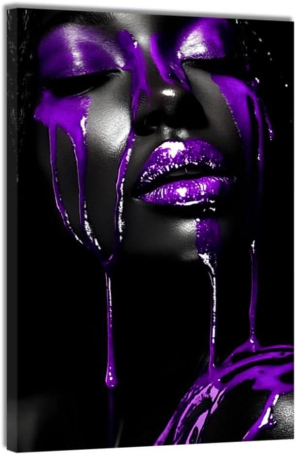 DOARTDO African American Woman Wall Art Purple Decor Canvas Prints Black Afro Woman Pictures Purple Girl Bedroom Living Room Modern Home Wall Decor Framed (16.00" x 24.00")