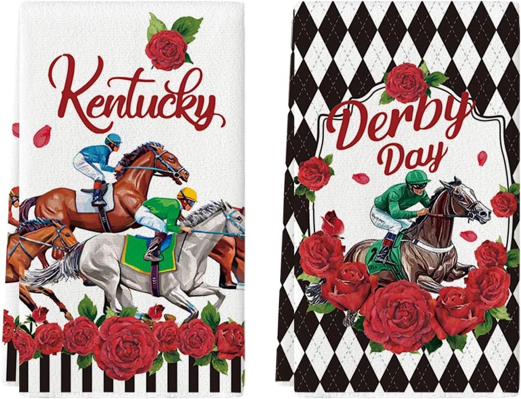 Artoid Mode Diamond Plaid Jockey Horse Racing Rose Kentucky Kitchen Towels Dish Towels, 18x26 Inch Seasonal Decoration Hand Towels Set of 2