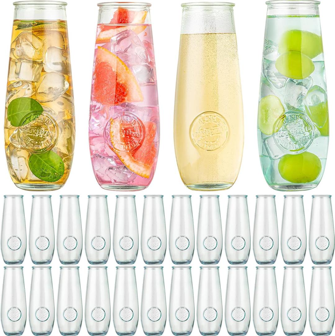 24 x Stemless Champagne Flutes Set of 24, 10 oz Champagne Glasses, Toasting Glasses, Prosecco Mimosa Glasses, Made Of Recycled Glass, Embossed Stemless Champagne Flutes for Wedding, Party, Easter