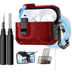 Lerobo for AirPods Pro 3 Case,(Compatible with MagSafe) with Phone Stand & Cleaning Kit,Full Drop Protection Magnetic Lock Cover Case Compatible for Apple AirPods Pro 3rd Generation,Black Red