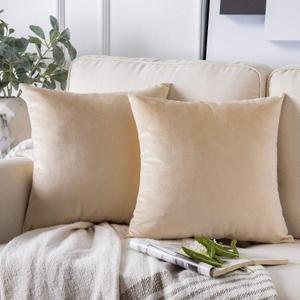 Phantoscope Pack of 2 Velvet Decorative Throw Decorative Pillow Cover Soft Solid Square Cushion Case for Couch Beige 20 x 20 inches 50 x 50 cm