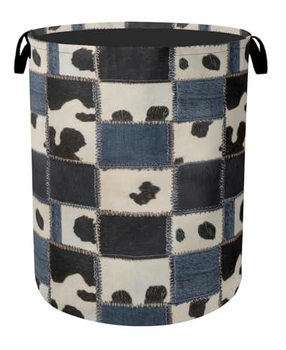 Denim Patchwork Cow Print Large Clothes Hamper Bag - Laundry Basket with Handles, Space Saving Foldable Design for Nursery