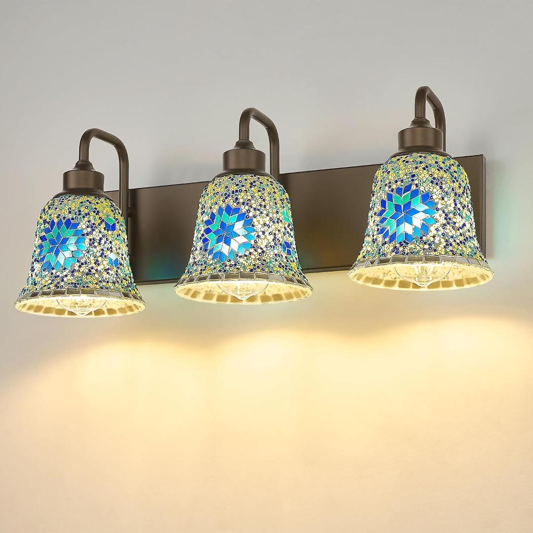 zeyu Bathroom Light Fixtures, 3-Light Bathroom Vanity Light, 22 Inch Modern Wall Sconces with Blue Mosaic Glass, Oil Rubbed Bronze Finish, ZSL72B-3W ORB-BL