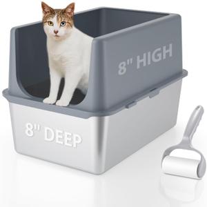 Stainless Steel Cat Litter Box with Lid, Covered Litter Box for Large Cats, 16" High Sides Enclosed Cat Litter Boxes, Extra Large Litter Box with Grey Lid, XL Metal Litter Pan, Easy to Clean