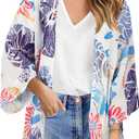 TBONTB Women's Kimono Cover Ups for Beach Floral Short Sleeve Loose Summer Cardigan Large Blue Flower