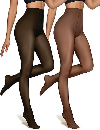 Womens 2 Pack Fleece Lined Tights Fake Translucent Pantyhose Thermal Opaque High Waisted Leggings Footed Sheer Tights L