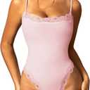 Navneet Women Sexy Lace Bodysuit Lace Trim High Cut Thong Spaghetti Strap Cami Bodysuit Going Out Tank Tops Body Suit (Small, Pink)