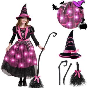 Spooktacular Creations Halloween Witch Costume Kids, Light Up Witch Dress with Hat and Broom for Girls, Toddlers Bat Outfit Set for Halloween Costumes Role Play Parties, Pink (Small(5-7 yrs))