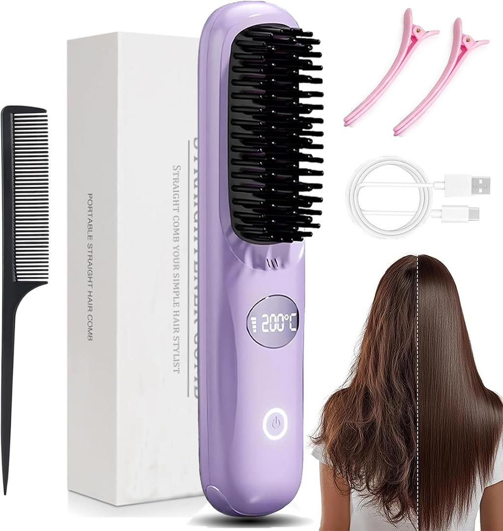 Go Brush Pro, Gobrush Pro 2025 Portable Straightener Brush, Cordless Hair Straightener Brush for Short Hair, 3 Adjustable Temperature, LED Display, Fast Heating Hairs Comb for Women Travel (Purple)