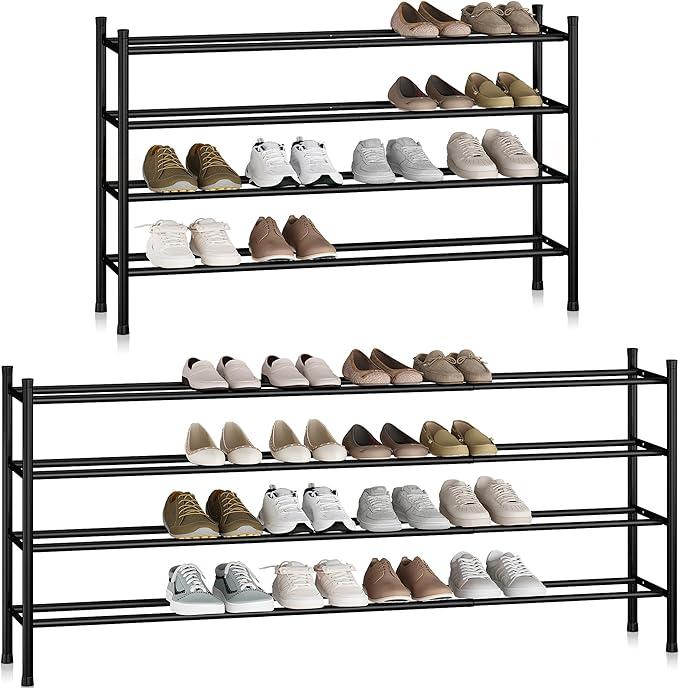 STORAGE MANIAC Long Expandable Shoe Rack, 24 Pairs Metal Wide Stackable Shoe Rack, Adjustable Shoes Shelf, Freestanding Shoes Organizer for Closet, Entryway, Hallway, Garage, Front Door, 4 Tiers