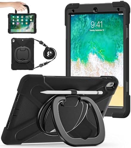 BATYUE iPad Air 3rd Generation Case 2019 / iPad Pro 10.5 inch Case 2017; Rugged Heavy Duty Protective Cover with Pencil Holder, 360° Swivel Stand, Shoulder Strap; for Kids (Black)