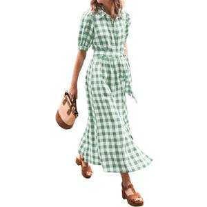 CHARTOU Women's Summer  Plaid Puff Short Sleeve Dress Button Down Long Shirt Dress with Belt  (X-Large, Green)