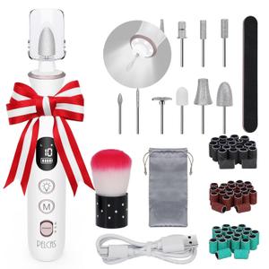 PELCAS Electric Nail File, 10 Speeds Cordless Nail Drill with LED Light, Portable Manicure and Pedicure Kit, Nail Grinder with LCD Screen for Human, Pet, Thick Toenails, Natural & Acrylic Nails (White)