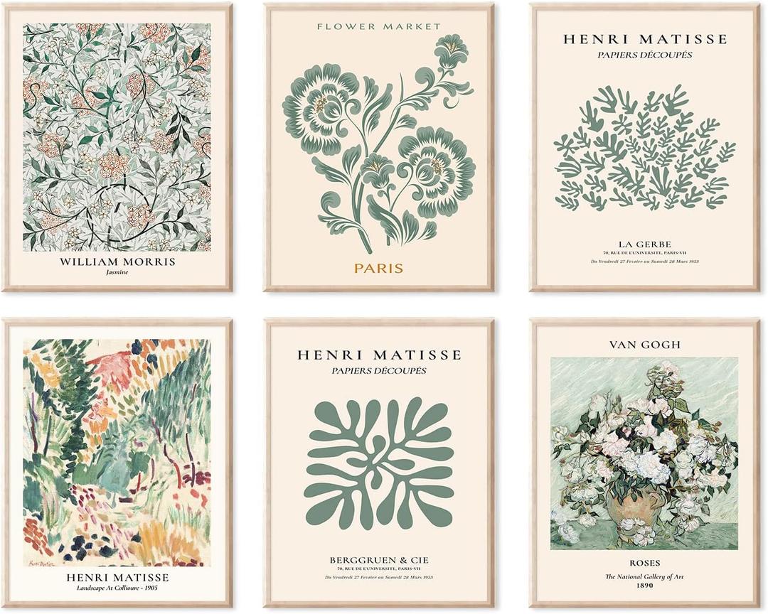Sage Green Wall Art Decor, Abstract Matisse Wall Art Exhibition Posters, Minimalist Flower Market Wall Art Prints, Sage Green Room Decor8x10inch, Unframed)