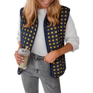 Womens Sherpa Vest Sleeveless Plaid Zip Up High Neck Warm Fleece Gilet Outerwear Crop Jackets with Pockets (M)