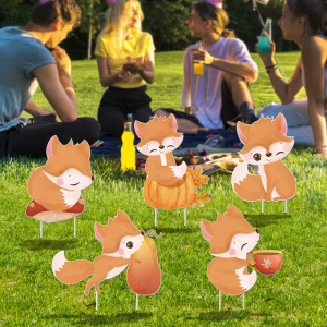 5 piece autumn fox cartoon figurine set stakes plastic