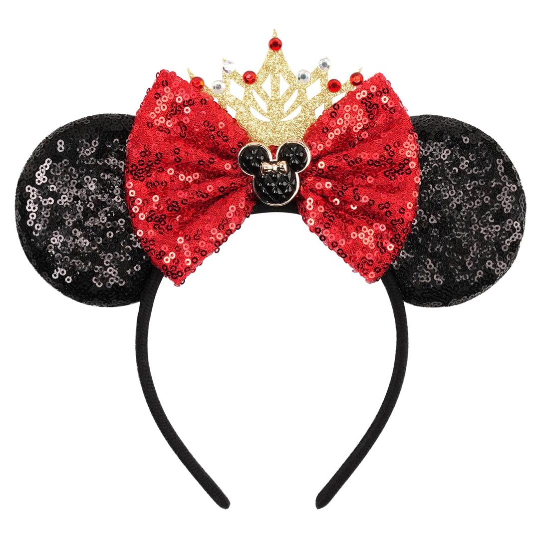 Sequin Mouse Ears Headband for Women Girl Shiny Ears Hairband with Crown for Party Decorations Costume & Trip (Black/Red)