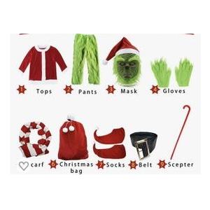 Christmas Green Monster Costume Kids Furry Santa Claus Outfit Christmas Cosplay Costume Holiday Party Dress up (XL)