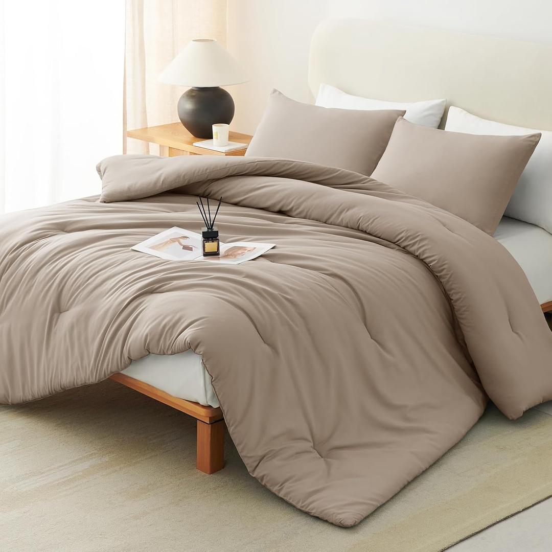 CozyLux Full Size Comforter Set Khaki, 3 Pieces Solid Breathable Quilted Style Bedding Sets, Luxury Fluffy Soft Bed Set with Down Alternative Comforter for All Season (1 Comforter & 2 Pillowcases)