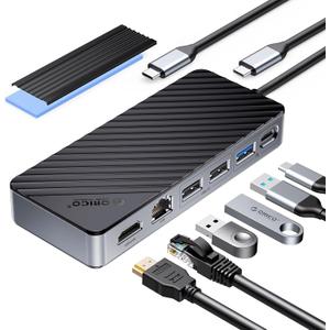ORICO 8-in-1 USB C Docking Station with M.2 SSD Enclosure, USB-C Hub Fits M.2 NVMe/SATA SSD, 10Gbps, 4K@60Hz HDMI, 100W PD, Ethernet - OM28PR