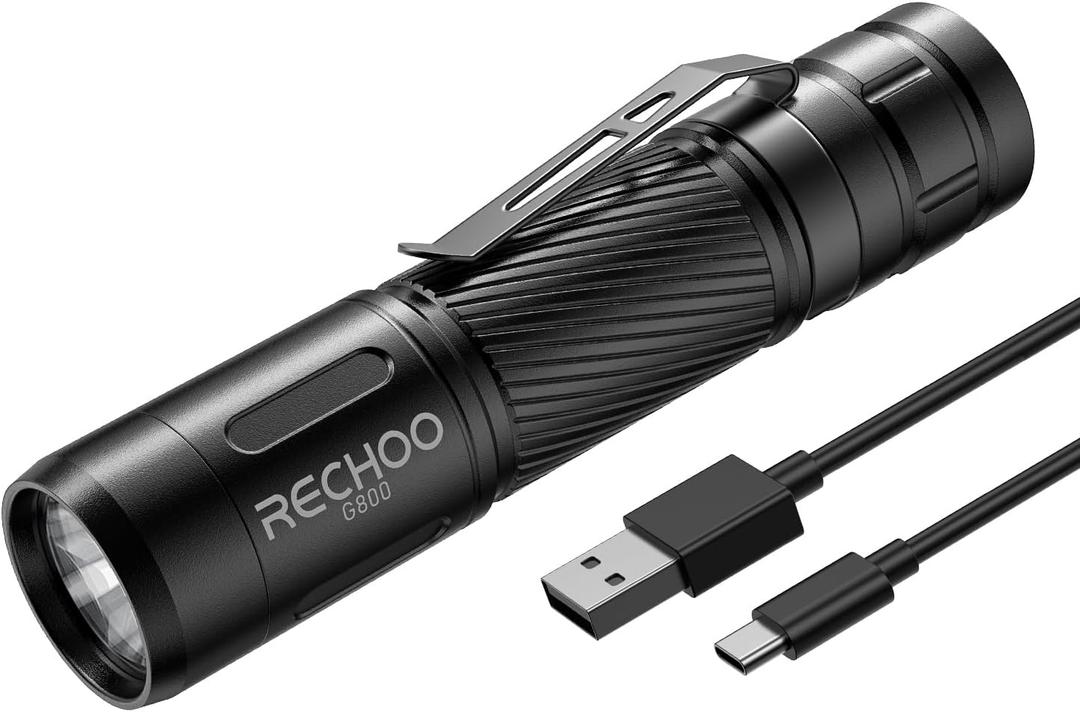 RECHOO Flashlight Rechargeable, G800 LED Flashlight with 3 Lighting Modes, Fixed Focus, Pocket Clip, Small EDC Flash Light for Emergency, Camping Gear (Battery Included) (1 Pack)