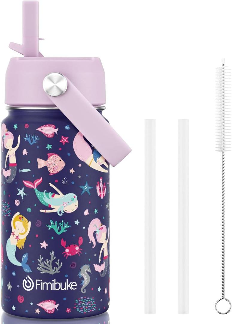 Fimibuke Kids Insulated Water Bottle, 14oz BPA FREE 18/8 Stainless Steel Travel Tumbler Double Wall Vacuum Leak Proof Kids Cup with Straw Metal Water Bottle for School Boys Girls(1 Pack, MERMAID) (A2. MERMAID)