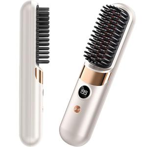Go Brush Pro Cordless Hair Straightener Brush - Portable Rechargeable Ceramic Styling Brush with 4 Adjustable Heat Modes & LED Display, Perfect for Travel & Everyday Use White