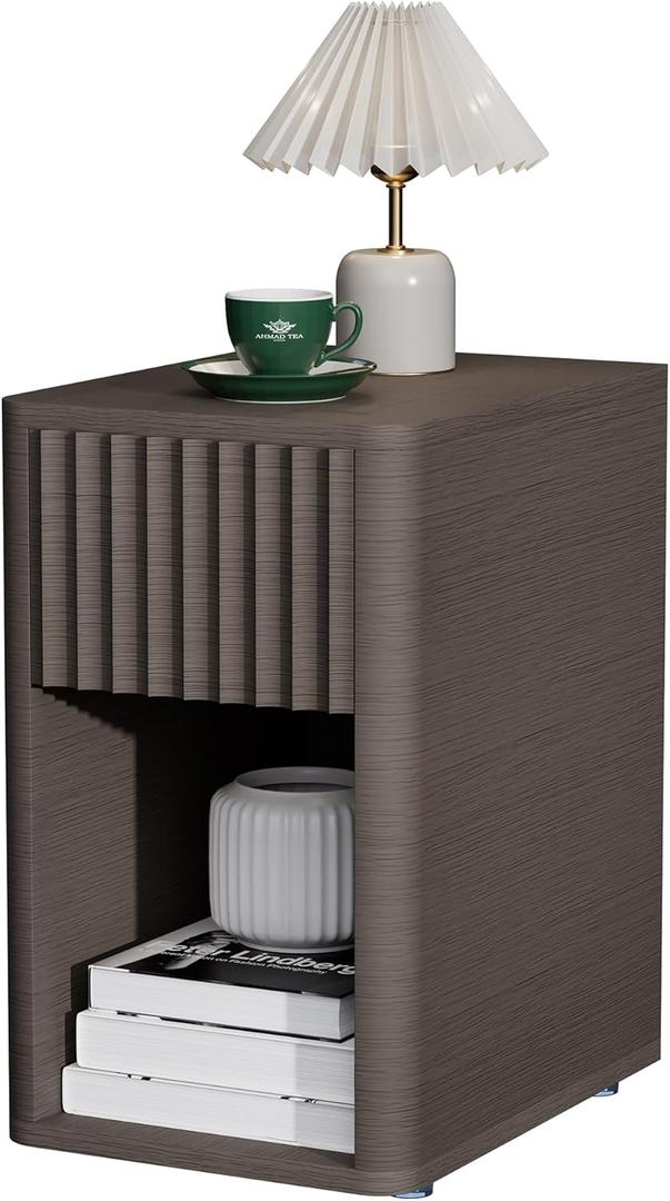 VICITON Fluted Narrow Night Stand,Thin Nightstand with Leather Surface, Small End Table with Storage, Living Room/Bed Side Table for Small Spaces (Taupe, Inches, 19.7, Inches, 15.75, Inches, 11.8)
