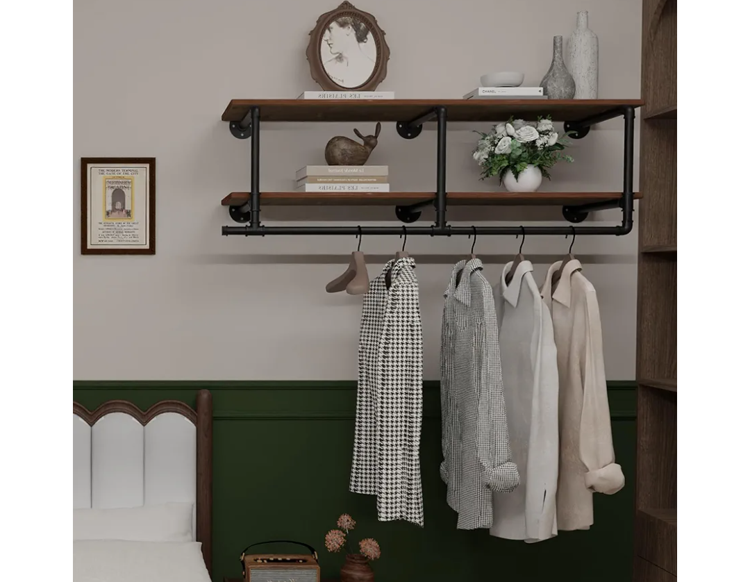 Clothes Rack 48in, Wall Mounted Garment Rack with Real Wood Shelf, Heavy Duty Hanging Clothes Rack, Multi-Purpose Hanging Rod, Space-Saving Closet Storage, (2T48IN)