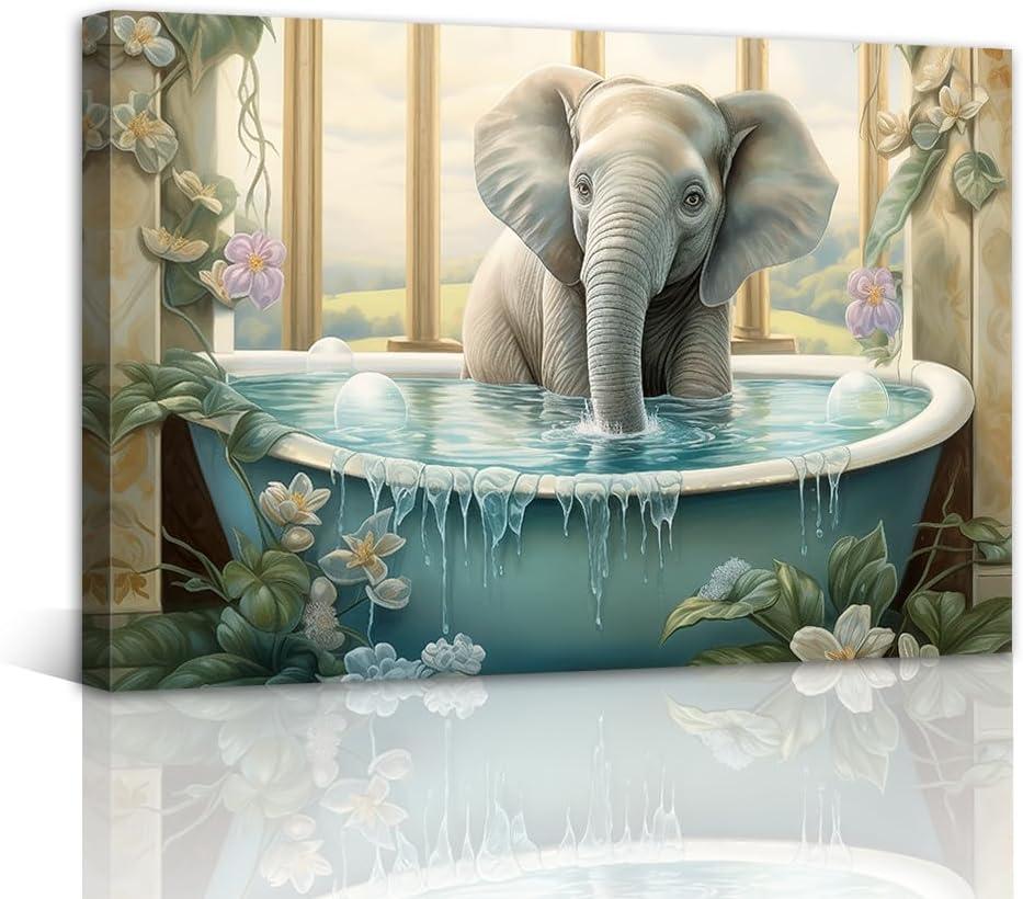 NAMENLAIMI Elephant Bathroom Wall Art Elephant in Bathtub Canvas Prints Funny Animal Paintings Bathroom Pictures for Toilet Farmhouse Wall Decor(Bathroom-3,16.00" x 24.00")