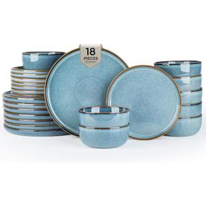 GBHOME Ceramic Dinnerware Sets for 6, 18 Pieces Stoneware Plates and Bowls Sets, Scratch Resistant Dishes, Dishwasher & Microwave Safe, Space Blue