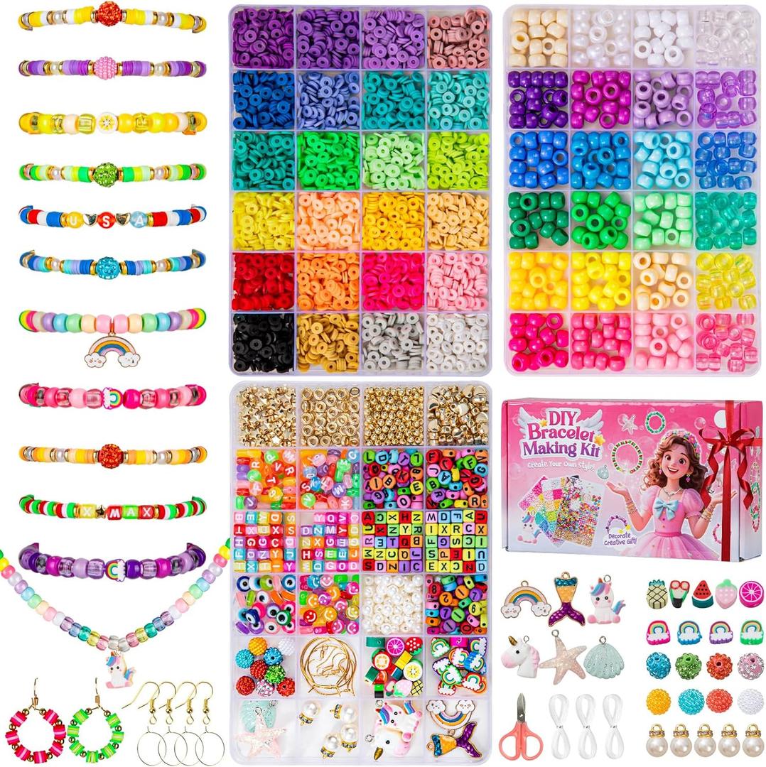 Taybonds Friendship Bracelet Making Kit for Beginners, 3 Boxes Jewelry Making Kit with Polymer Clay Charms, Clay, Pony, Letter Beads, Pearls, Unicorn Mermaid Rainbow Pendants, Gift Party (48 Colors-3Boxes)