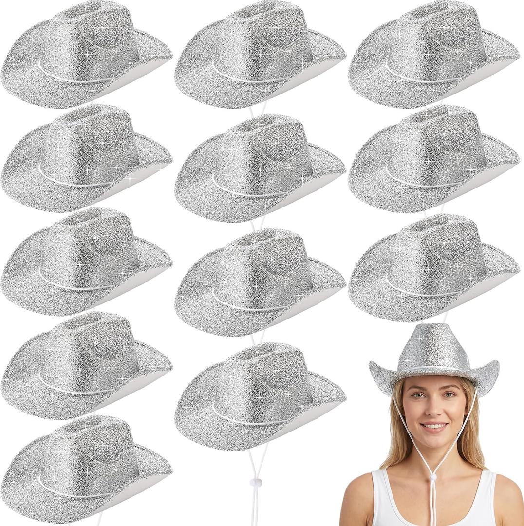 12 Pcs Cowboy Hat Sparkly Glitter Neon Cowgirl Hats (Silver)