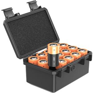 KIWIFOTOS D Cell Battery Organizer Case IP67 Waterproof 15 Slots D Cell LR20 Alkaline Batteries Storage Holder for Household Outdoor Camping Office Shockproof