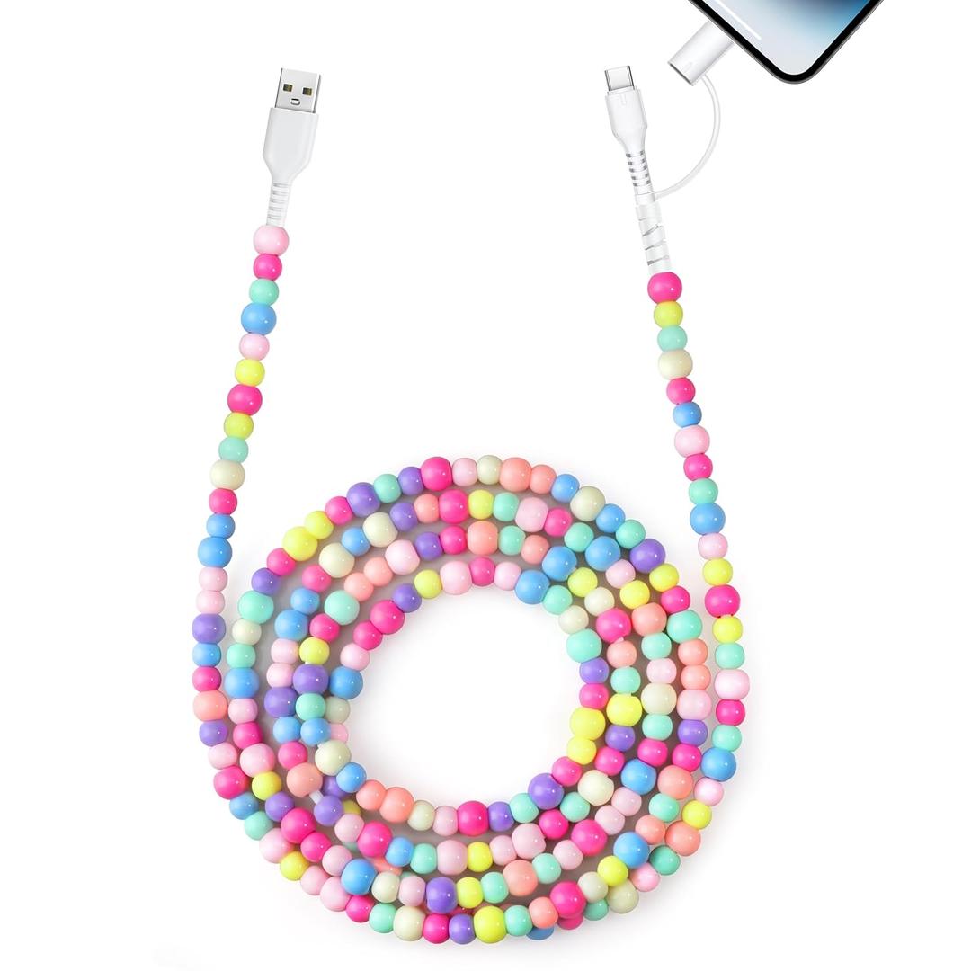 Aolcev USB C Cable 66W 2 in 1 Multi USB to USB C Charger Cord for iPhone 17 16 15 Pro Max 6.6FT Beaded Type C Fast Charging Cable for iPhone Charger for iPhone 14 13 12 Pro Max Galaxy S25 iPad Colored