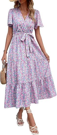MASCOMODA Womens Summer Swiss Dot Maxi Dressses Wrap V Neck Flutter Short Sleeve Boho Casual Flowy Long Wedding Guest Dress
 ( M)