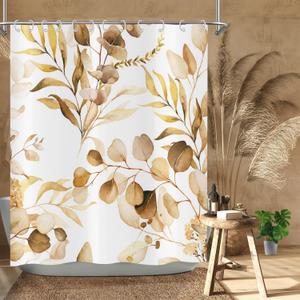 Brown Eucalyptus Leaf Shower Curtain, Brown Botanical Watercolor Plants Bathroom Curtain Bathtub Home Decor Waterproof Fabric Machine Washable with 12 PCS Hooks,72" Wx72 L