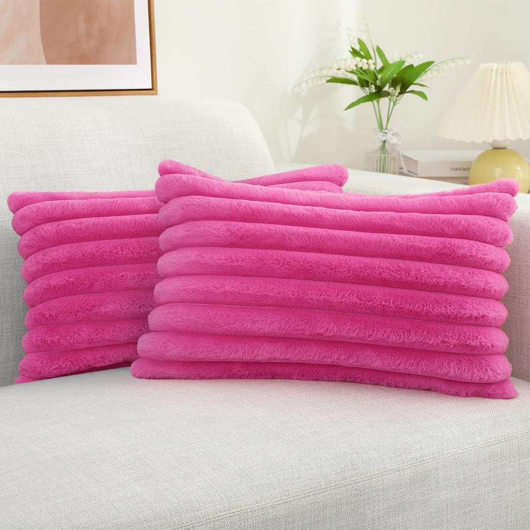 decorUhome Faux Fur Throw Pillow Covers 12x20 Set of 2, Decorative Soft Plush Striped Lumbar Neutral Couch Pillow Covers with Velvet Back for Sofa, Bed, Living Room Home Decor, Hot Pink