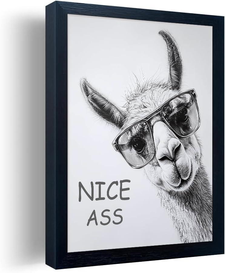 Bathroom Picture Wall Decor, Framed Black and White Bathroom Wall Art, Cheeky Llama Funny Canvas Print Painting, 10"x8"